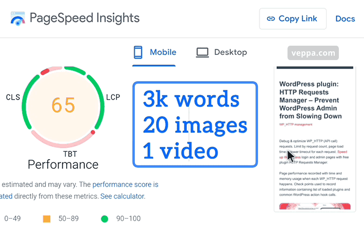 Initial PageSpeed score 65 (bad) for a webpage with 3000 words, 20 images and 1 embedded youtube video.