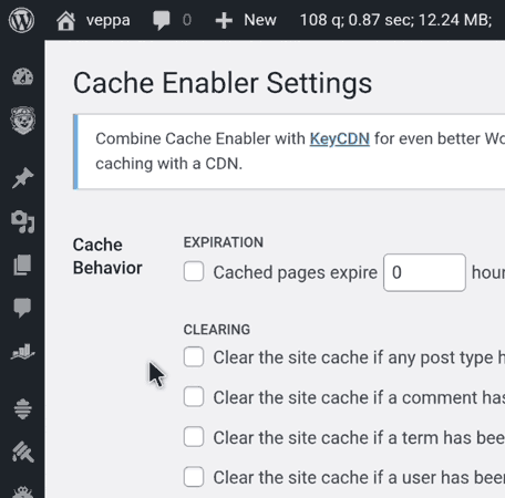 Cache Enabler plugin settings. Uncheck all checkboxes. I will clear cache manually when content updated.