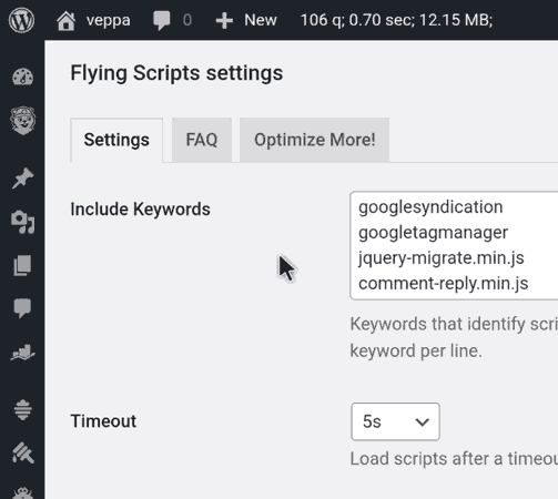 Flying Scripts plugin settings page. Only setting you need to define is Include Keywords field.