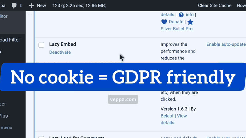 Lazy Embed plugin has no settings page. It works automatically once activated. Additionally it uses GDPR friendly (cookieless) domain for youtube videos. 