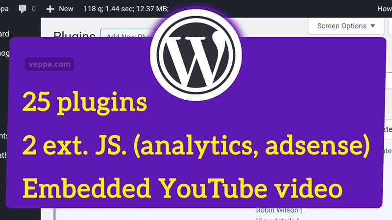 Current WordPress website has 25 active plugins, 2 external javascript files and 1 embedded YouTube video.