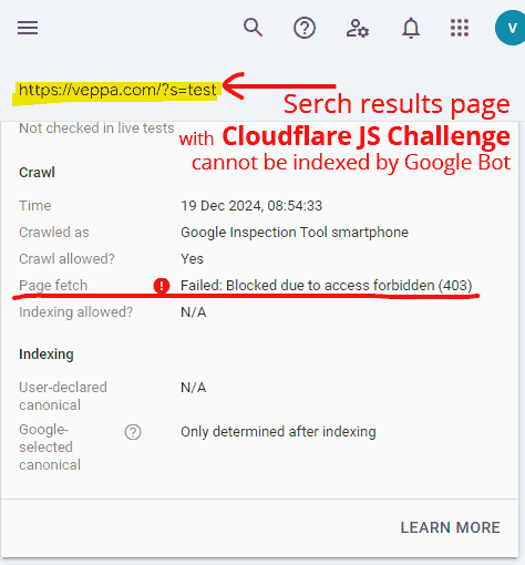 Google cannot fetch and index pages protected by Cloudflare JS Challenge. Crawl response code 403 displayed on Google Search Console.