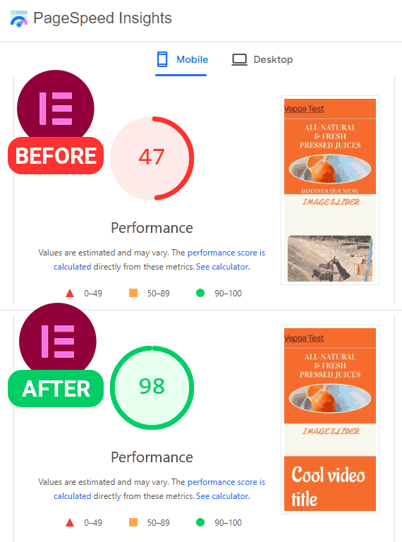 Before - After Elementor PageSpeed Optimization Results